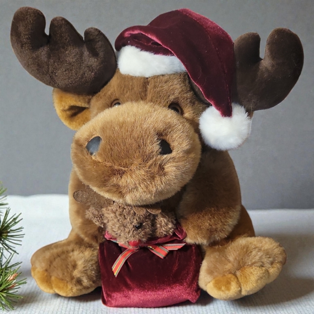 Vtg Christmas Mother Moose Baby Santa Hat Stuffed Plush Soft Cozy Animal 11" Tag